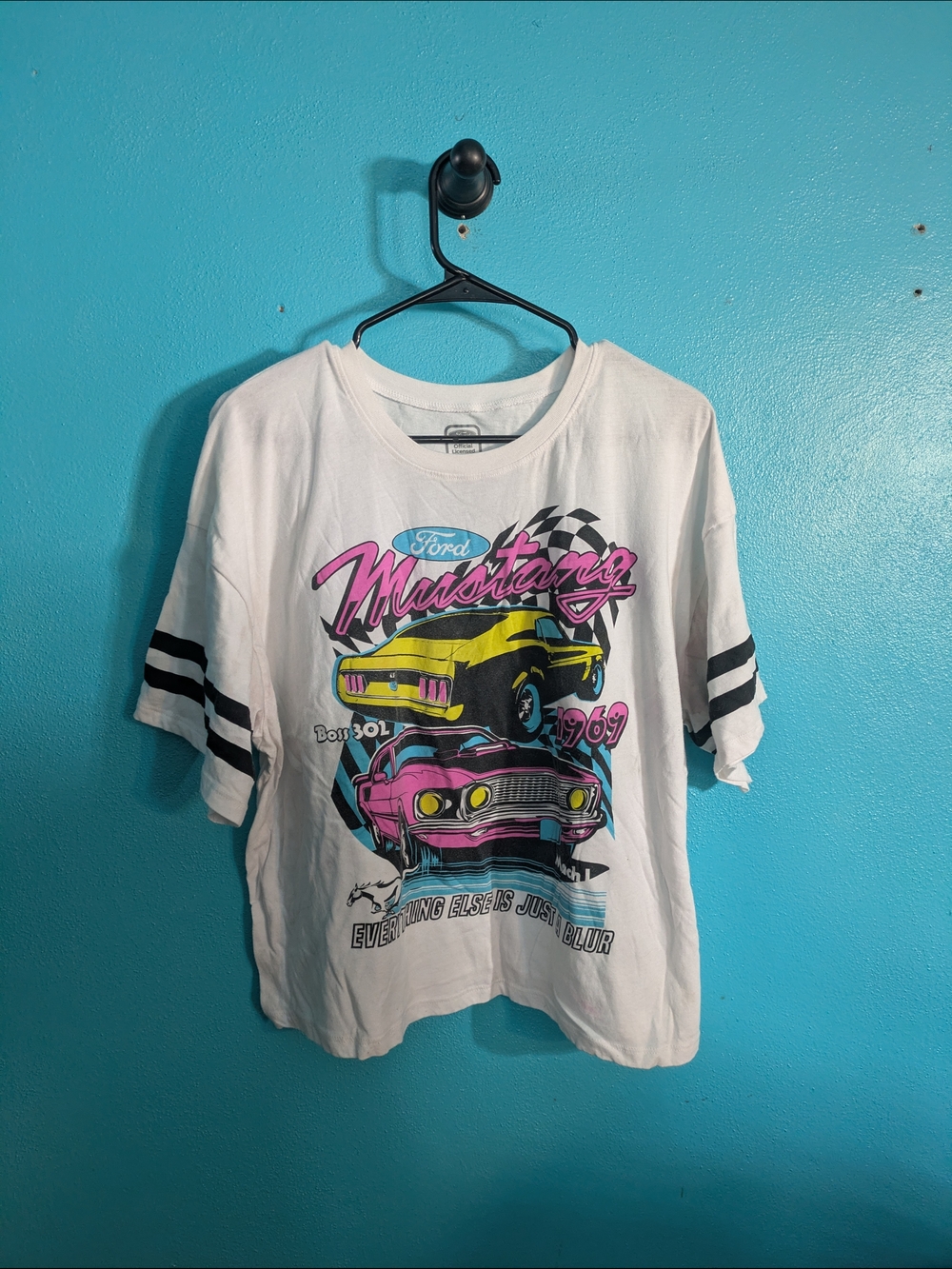 Hybrid Apparel White Tee with Pink & Yellow Ford Vibrant Mustang Racing  Graphic